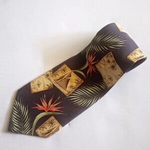 Vintage Tommy Bahama Men's Brown Tropical‎ Floral 100% Silk Hand-Made Neck Tie